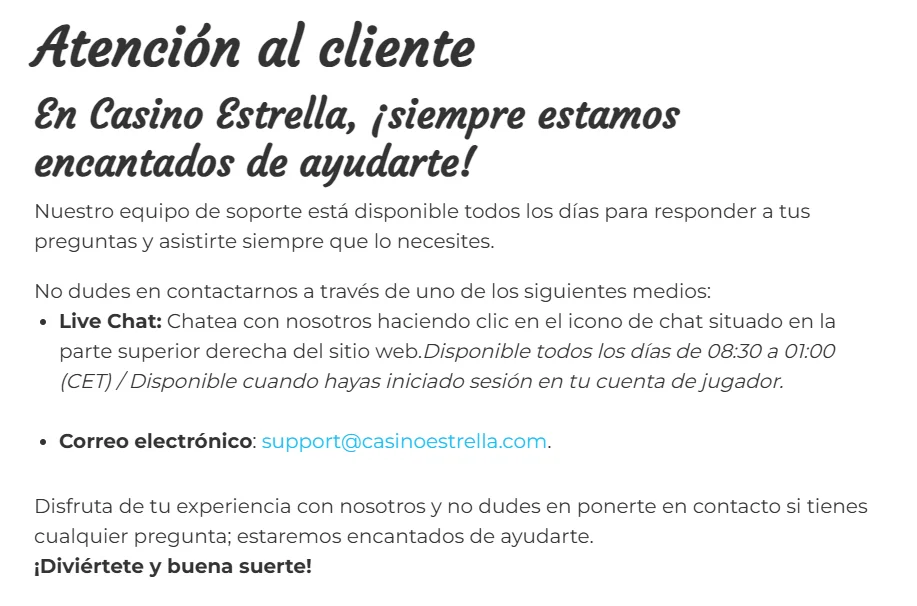 Atención al cliente de Casino Estrella Atención al cliente de Casino Estrella